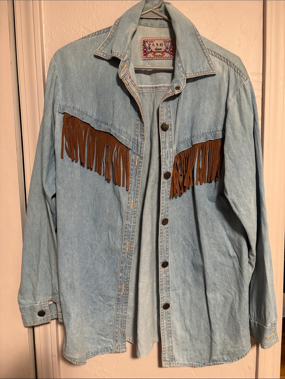 Ash Light Wash Denim Button-Down Shirt with Brown Fringe